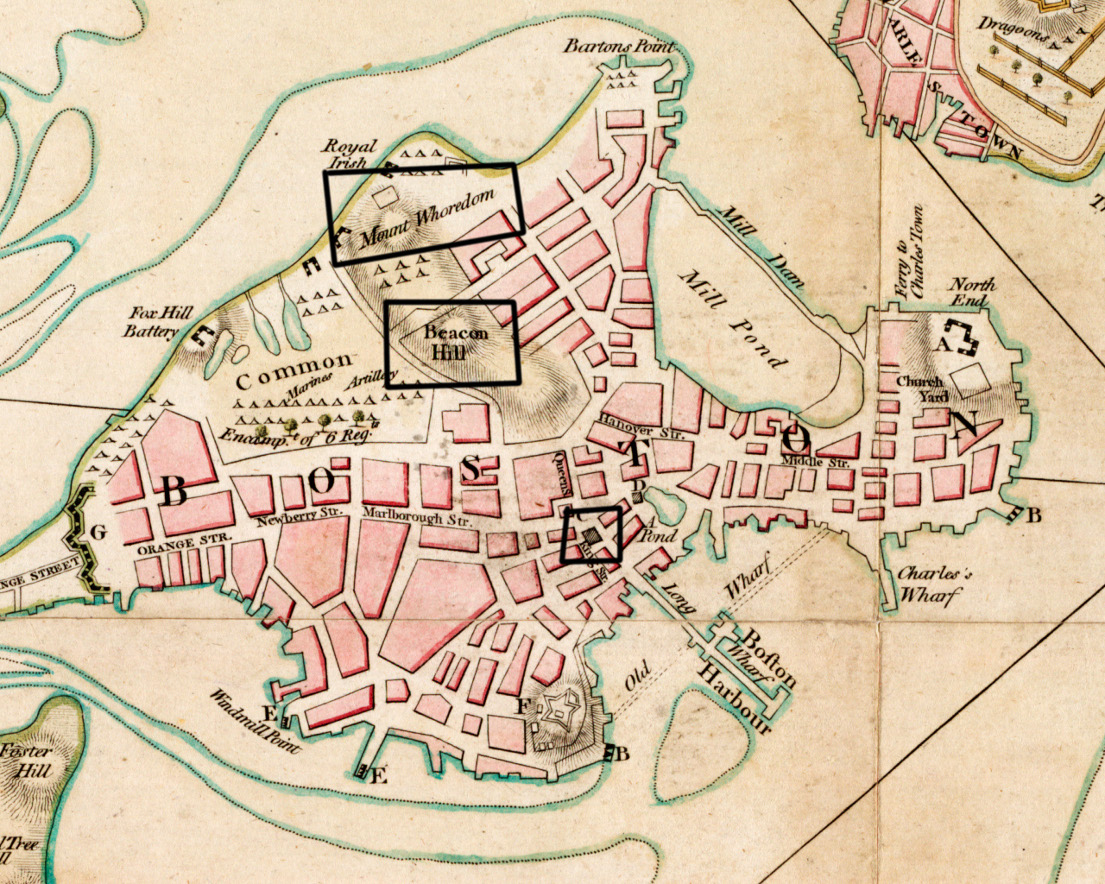 Features such as the ones in the black polygons are ones that I've encouraged the students to annotate. What is that black box? How has Beacon Hill's function changed? What in the world is Mount Whoredom? These are all questions that we hope to answer. (Zoom of Richard WIlliams, "A plan of Boston and its environs," 1775.