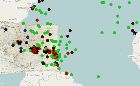 This screenshot shows most of the encounters between American and French vessels. Green is a French capture; red is an American; brown is an encounter that did not result in a capture either way.